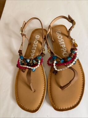 Gioseppo Tan Beaded T-Strap Sandals with Colorful Accent Beads